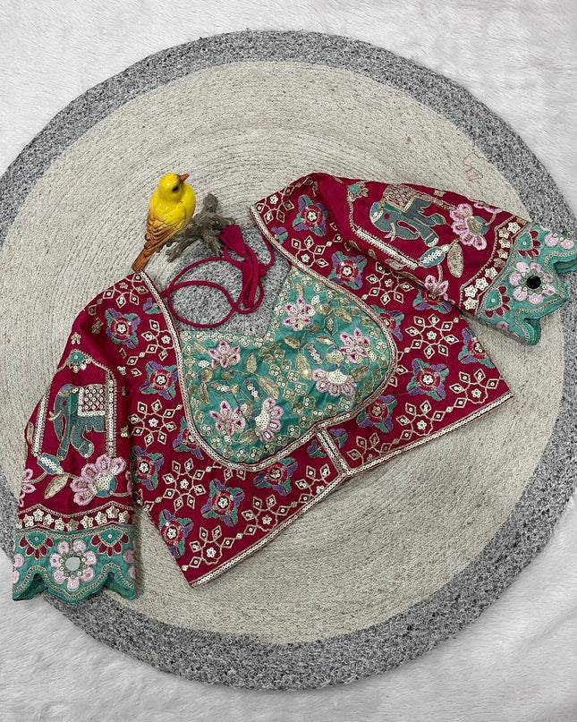 Cherry Red Rangoli Silk Embroidery Saree with Mirror Work & Stitched Blouse - Rosepetals Luxe