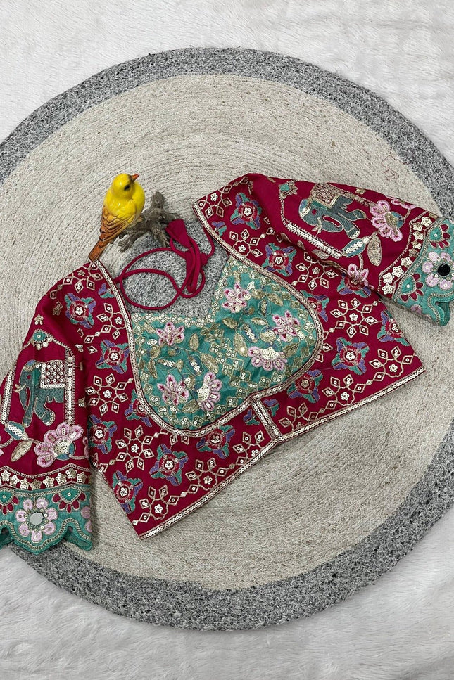 Cherry Red Rangoli Silk Embroidery Saree with Mirror Work & Stitched Blouse - Rosepetals Luxe