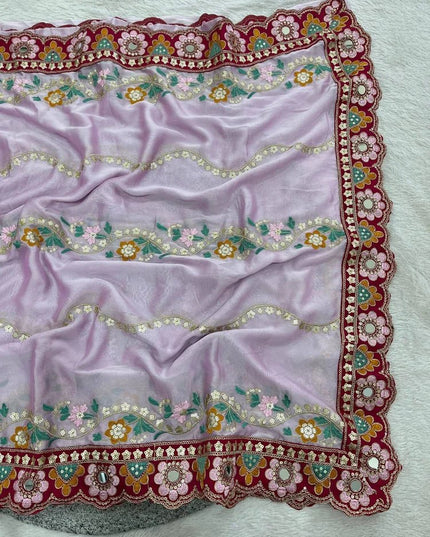 Cherry Red Rangoli Silk Embroidery Saree with Mirror Work & Stitched Blouse - Rosepetals Luxe