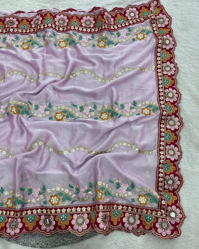 Cherry Red Rangoli Silk Embroidery Saree with Mirror Work & Stitched Blouse - Rosepetals Luxe