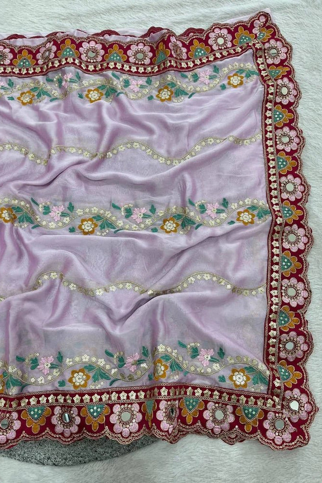 Cherry Red Rangoli Silk Embroidery Saree with Mirror Work & Stitched Blouse - Rosepetals Luxe