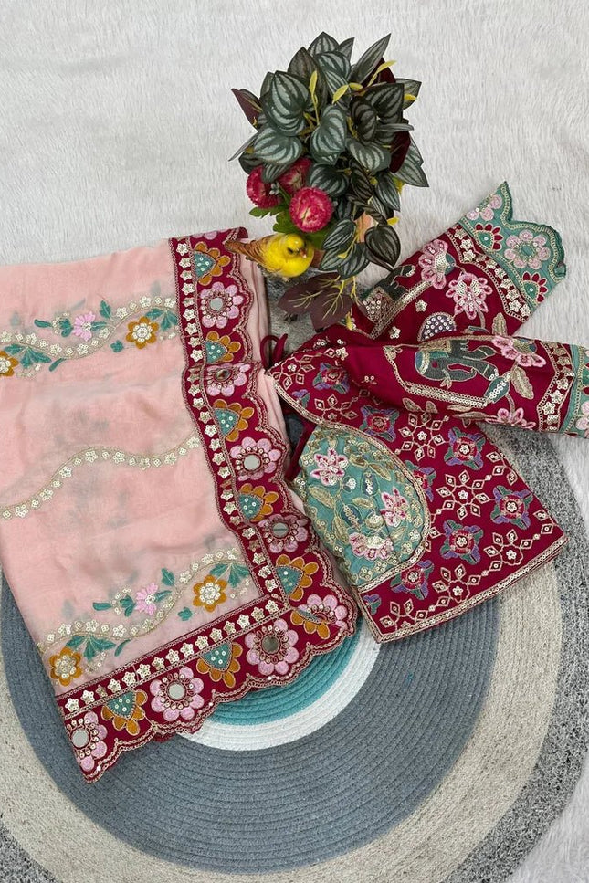 Cherry Red Rangoli Silk Embroidery Saree with Mirror Work & Stitched Blouse - Rosepetals Luxe