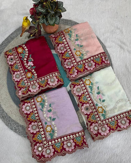 Cherry Red Rangoli Silk Embroidery Saree with Mirror Work & Stitched Blouse - Rosepetals Luxe