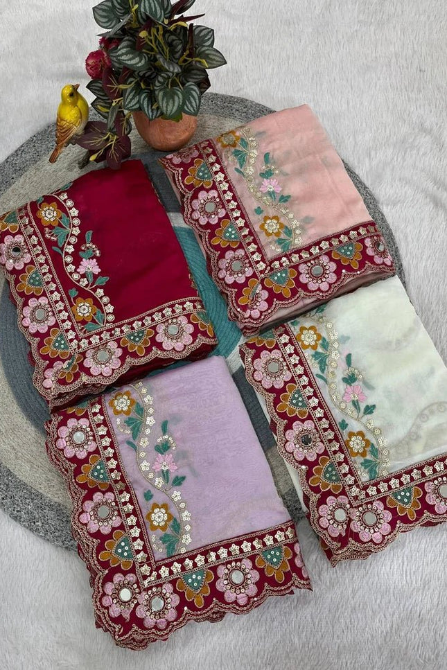 Cherry Red Rangoli Silk Embroidery Saree with Mirror Work & Stitched Blouse - Rosepetals Luxe