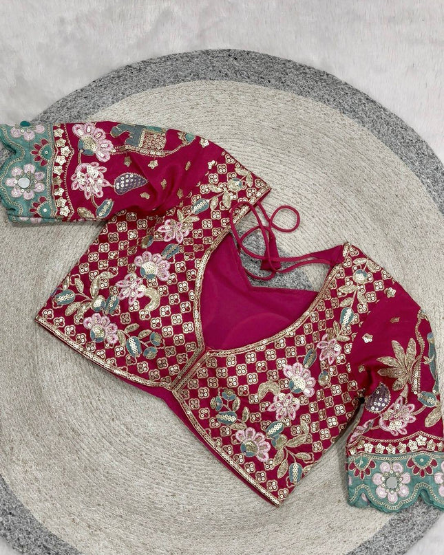 Cherry Red Rangoli Silk Embroidery Saree with Mirror Work & Stitched Blouse - Rosepetals Luxe