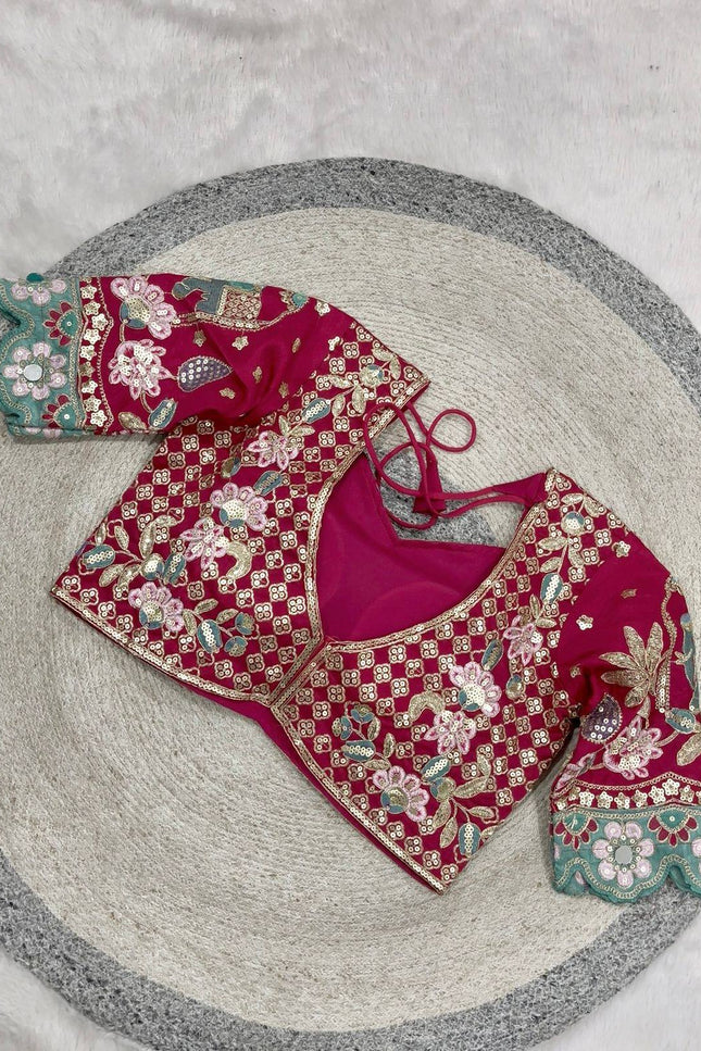 Cherry Red Rangoli Silk Embroidery Saree with Mirror Work & Stitched Blouse - Rosepetals Luxe