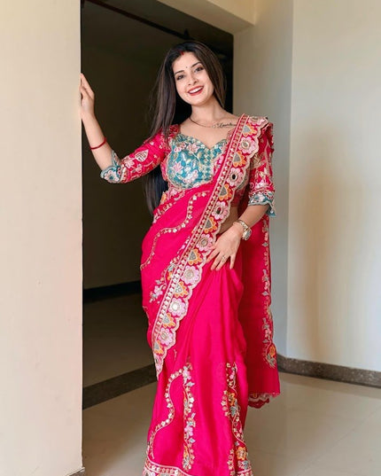 Cherry Red Rangoli Silk Embroidery Saree with Mirror Work & Stitched Blouse - Rosepetals Luxe