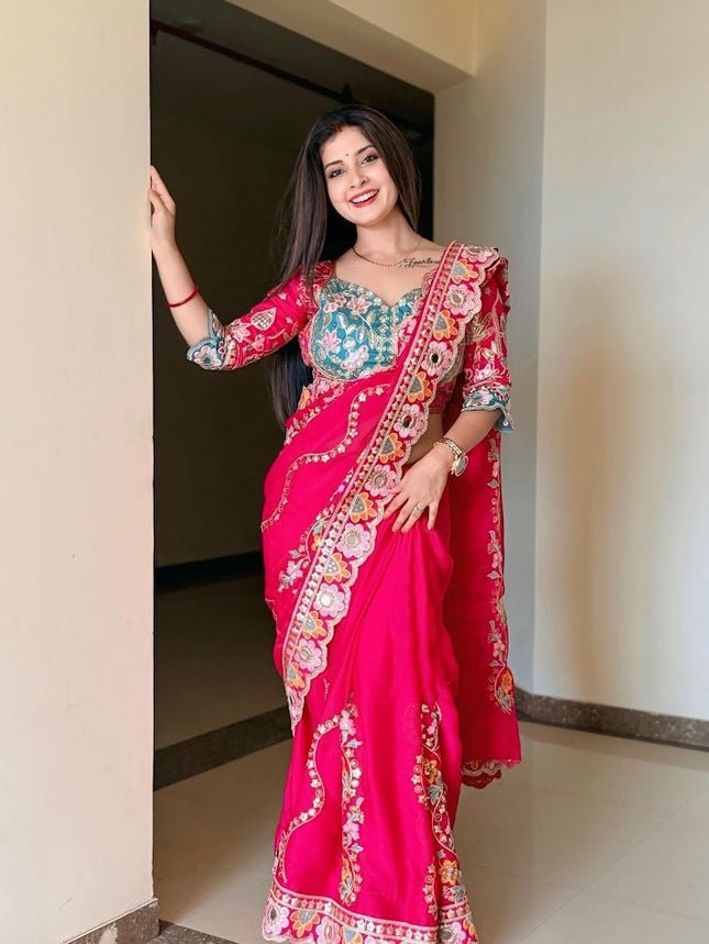 Cherry Red Rangoli Silk Embroidery Saree with Mirror Work & Stitched Blouse - Rosepetals Luxe