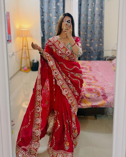 Cherry Red Rangoli Silk Embroidery Saree with Mirror Work & Stitched Blouse - Rosepetals Luxe