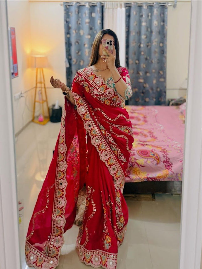 Cherry Red Rangoli Silk Embroidery Saree with Mirror Work & Stitched Blouse - Rosepetals Luxe