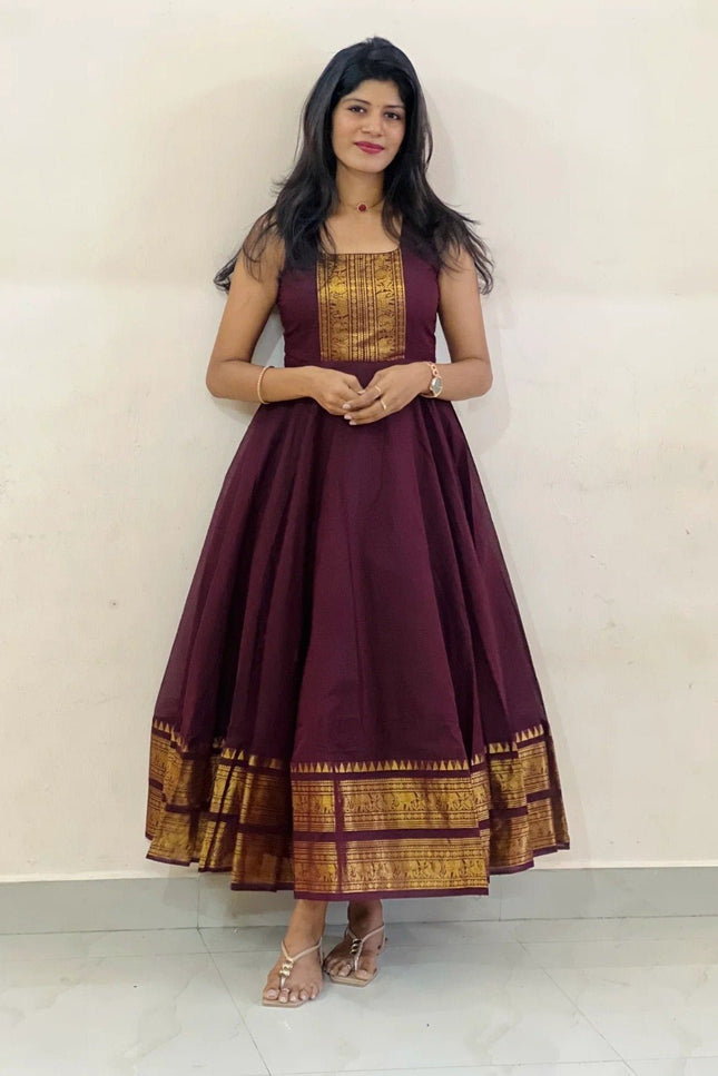 Chettinad Cotton Gown with Matching Overcoat | Ethnic Long Dress | Micro Cotton Lined - Rosepetals Luxe