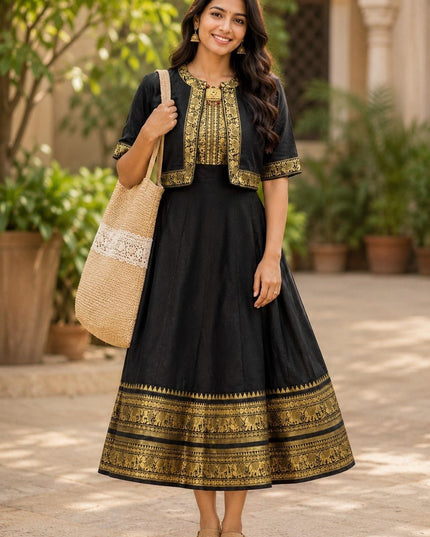 Chettinad Cotton Gown with Matching Overcoat | Ethnic Long Dress | Micro Cotton Lined - Rosepetals Luxe