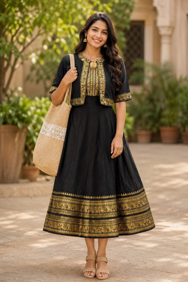 Chettinad Cotton Gown with Matching Overcoat | Ethnic Long Dress | Micro Cotton Lined - Rosepetals Luxe