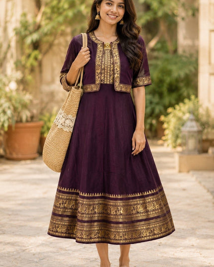 Chettinad Cotton Gown with Matching Overcoat | Ethnic Long Dress | Micro Cotton Lined - Rosepetals Luxe