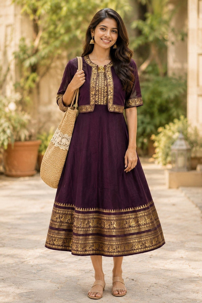 Chettinad Cotton Gown with Matching Overcoat | Ethnic Long Dress | Micro Cotton Lined - Rosepetals Luxe