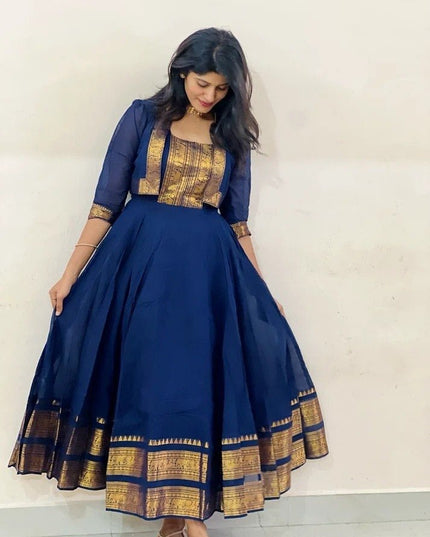 Chettinad Cotton Gown with Matching Overcoat | Ethnic Long Dress | Micro Cotton Lined - Rosepetals Luxe