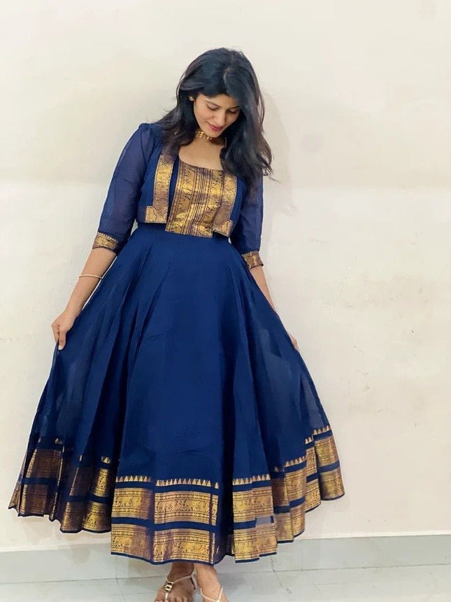 Chettinad Cotton Gown with Matching Overcoat | Ethnic Long Dress | Micro Cotton Lined - Rosepetals Luxe
