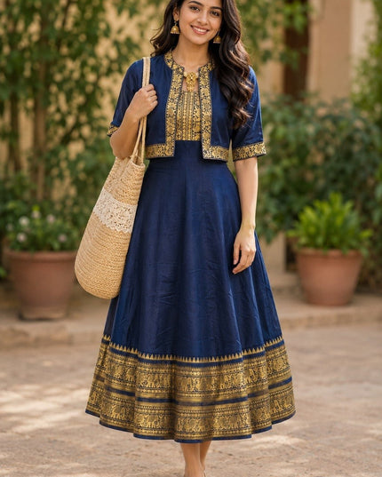 Chettinad Cotton Gown with Matching Overcoat | Ethnic Long Dress | Micro Cotton Lined - Rosepetals Luxe