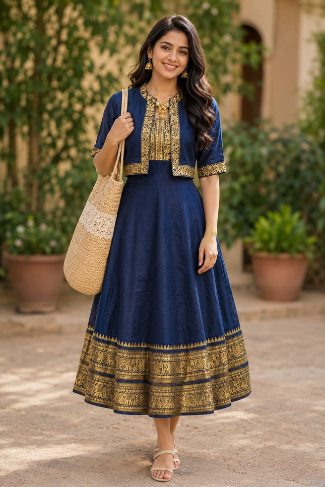 Chettinad Cotton Gown with Matching Overcoat | Ethnic Long Dress | Micro Cotton Lined - Rosepetals Luxe