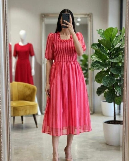 Chiffon Stripe Maxi Dress | Smocked Chest & Puff Sleeves | Fully Lined | Pink - Rosepetals Luxe