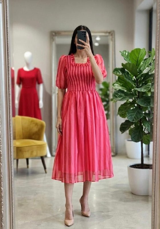 Chiffon Stripe Maxi Dress | Smocked Chest & Puff Sleeves | Fully Lined | Pink - Rosepetals Luxe