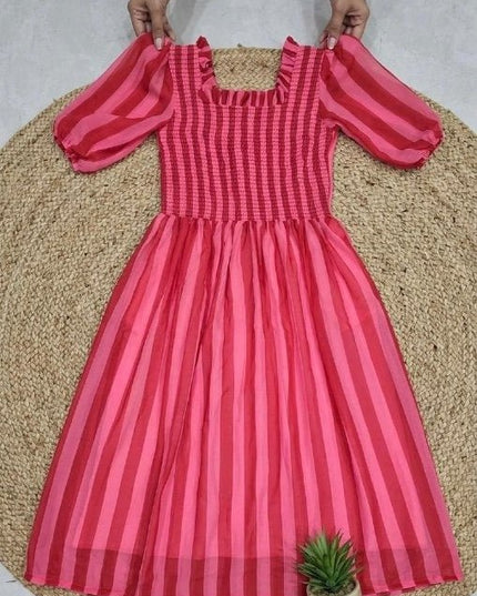 Chiffon Stripe Maxi Dress | Smocked Chest & Puff Sleeves | Fully Lined | Pink - Rosepetals Luxe