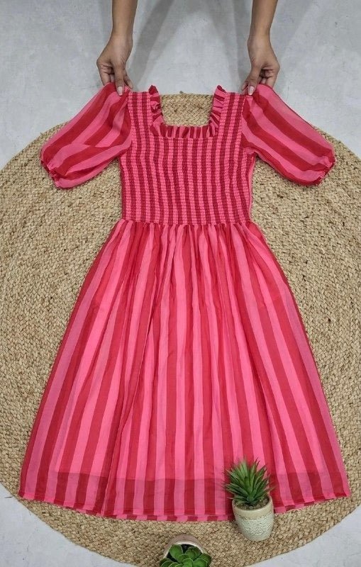 Chiffon Stripe Maxi Dress | Smocked Chest & Puff Sleeves | Fully Lined | Pink - Rosepetals Luxe