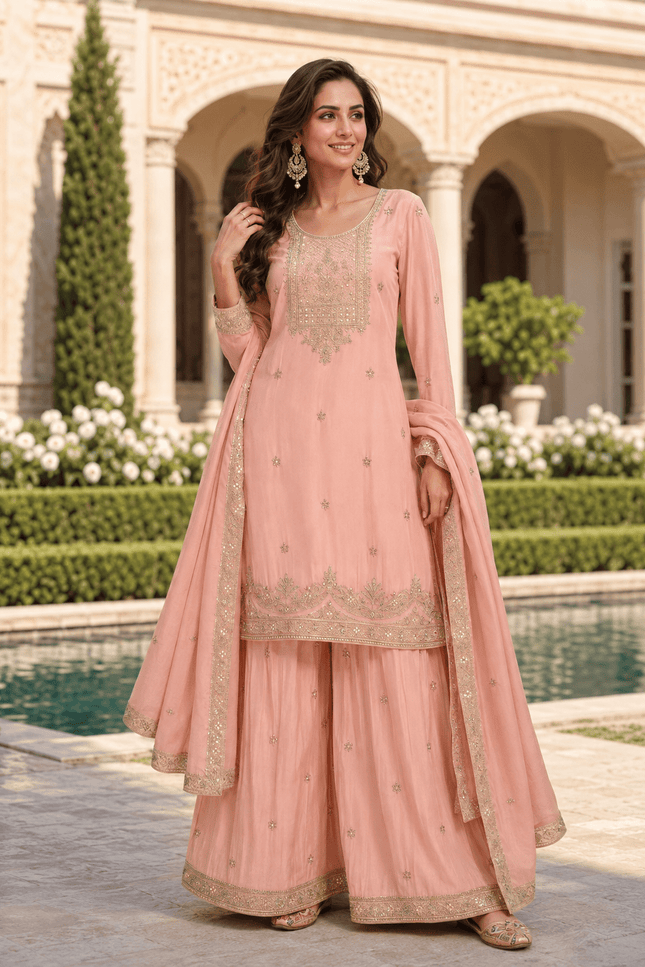 Chinnon Kurta Palazzo Dupatta Set | Hand Beaded & Sequin Embroidery - Rosepetals Luxe