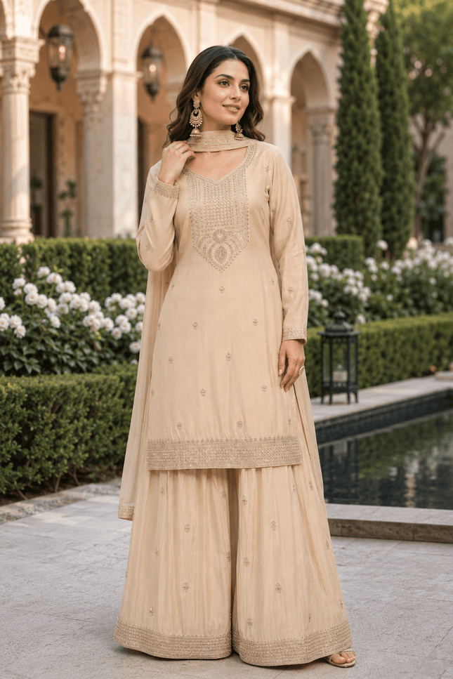 Chinnon Kurta Palazzo Dupatta Set | Hand Beaded & Sequin Embroidery - Rosepetals Luxe