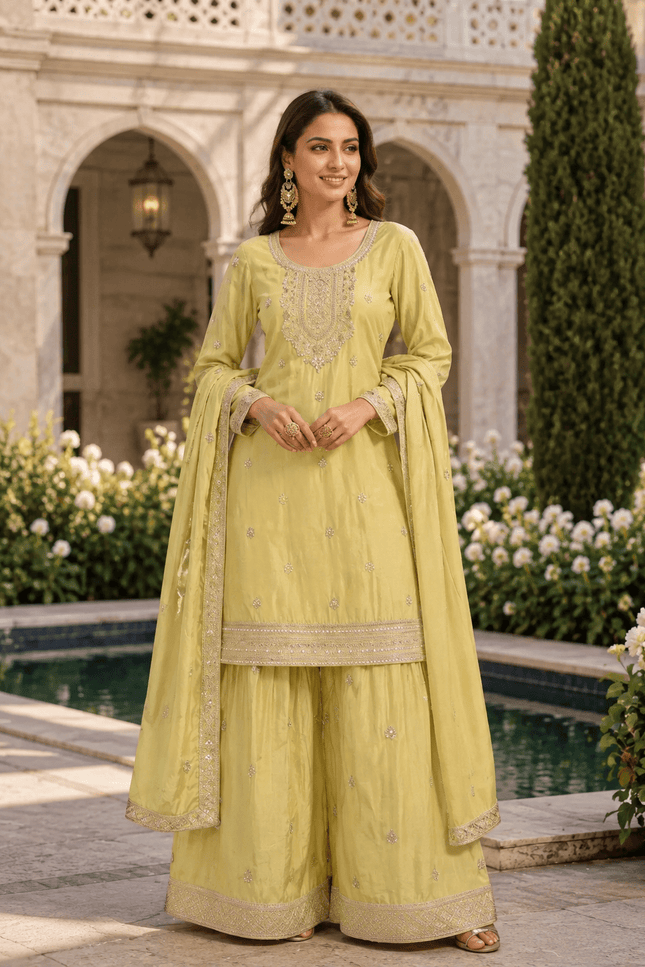 Chinnon Kurta Palazzo Dupatta Set | Hand Beaded & Sequin Embroidery - Rosepetals Luxe