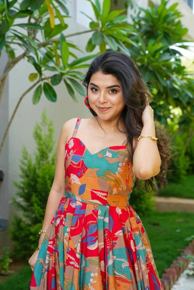 Chinnon Printed Maxi Dress | Sleeveless Flared Gown for Women - Rosepetals Luxe