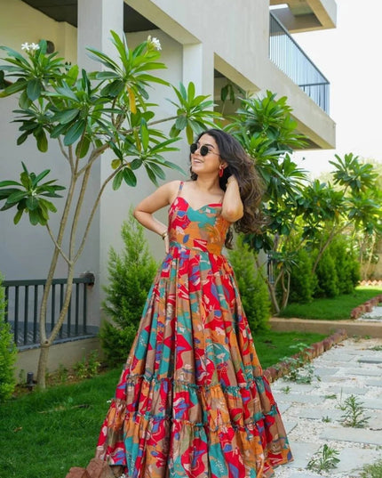 Chinnon Printed Maxi Dress | Sleeveless Flared Gown for Women - Rosepetals Luxe