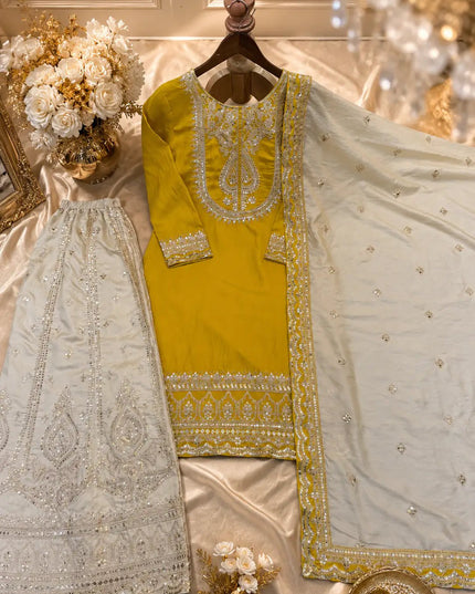 Chinnon Silk Embroidered Sequin Sharara Palazzo Set with Dupatta - Rosepetals Luxe