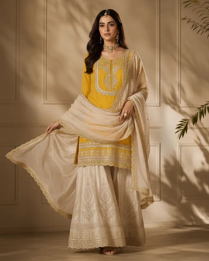 Chinnon Silk Embroidered Sequin Sharara Palazzo Set with Dupatta - Rosepetals Luxe