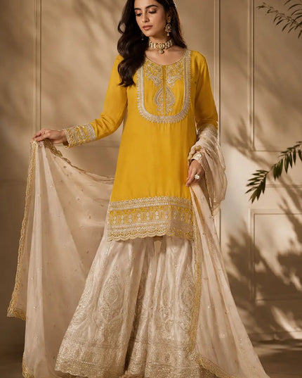 Chinnon Silk Embroidered Sequin Sharara Palazzo Set with Dupatta - Rosepetals Luxe