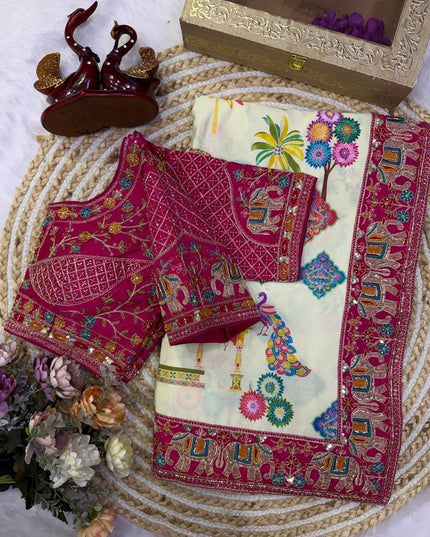 Chinnon Silk Printed Party Wear Saree with Sequin Border - Rosepetals Luxe