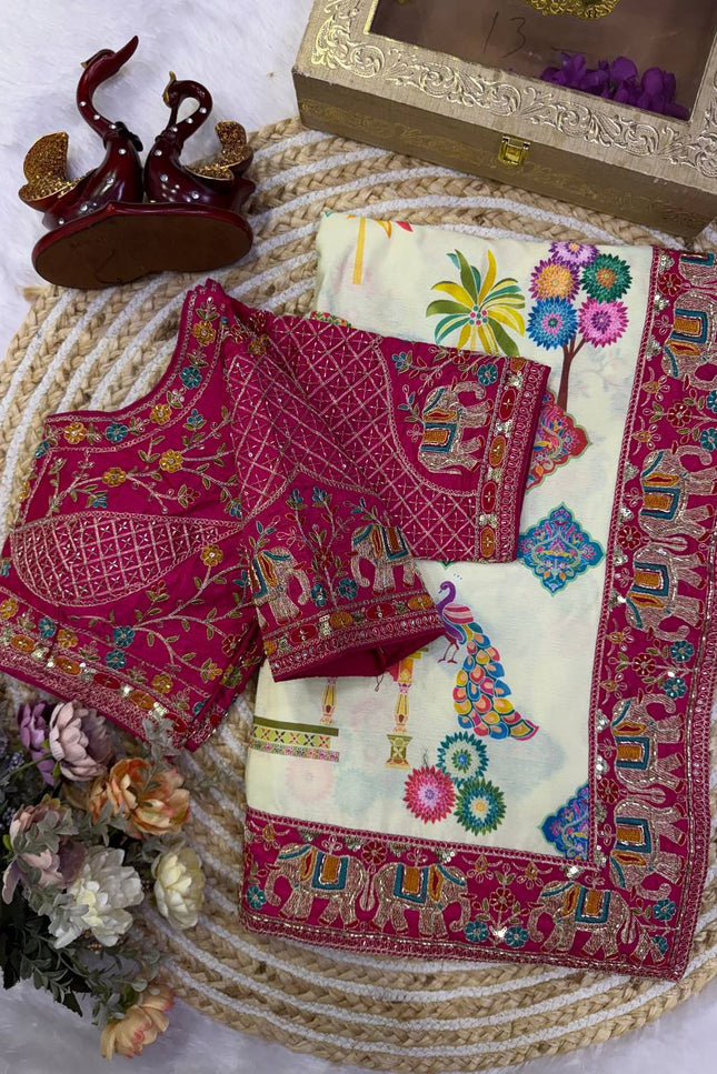 Chinnon Silk Printed Party Wear Saree with Sequin Border - Rosepetals Luxe