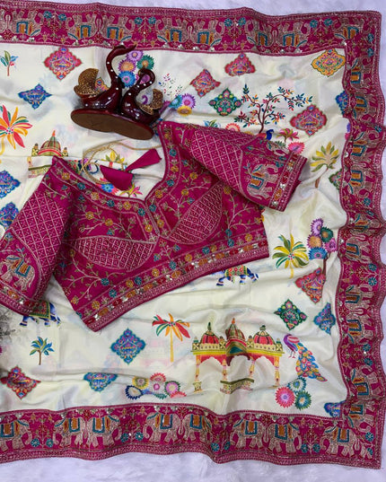 Chinnon Silk Printed Party Wear Saree with Sequin Border - Rosepetals Luxe