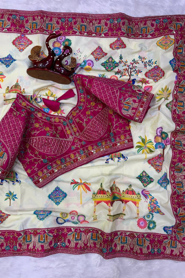 Chinnon Silk Printed Party Wear Saree with Sequin Border - Rosepetals Luxe