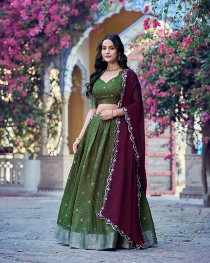 Chinon Checks Onam Lehenga Choli Set | Zari Weaving & Sequin Dupatta - Rosepetals Luxe