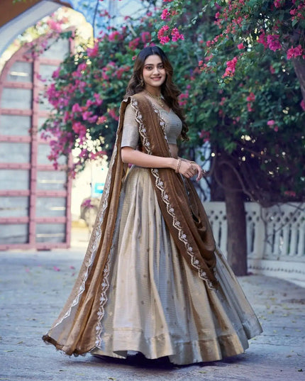 Chinon Checks Onam Lehenga Choli Set | Zari Weaving & Sequin Dupatta - Rosepetals Luxe