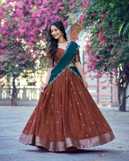 Chinon Checks Onam Lehenga Choli Set | Zari Weaving & Sequin Dupatta - Rosepetals Luxe