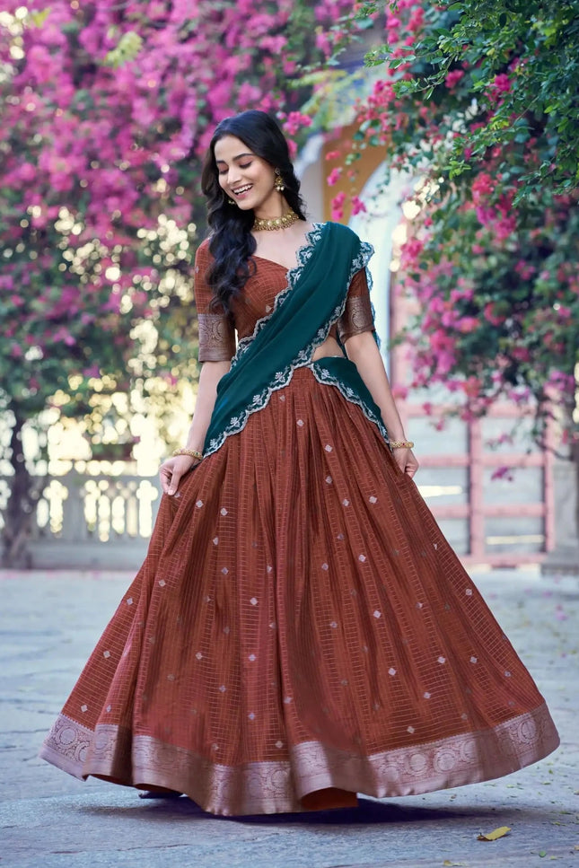 Chinon Checks Onam Lehenga Choli Set | Zari Weaving & Sequin Dupatta - Rosepetals Luxe