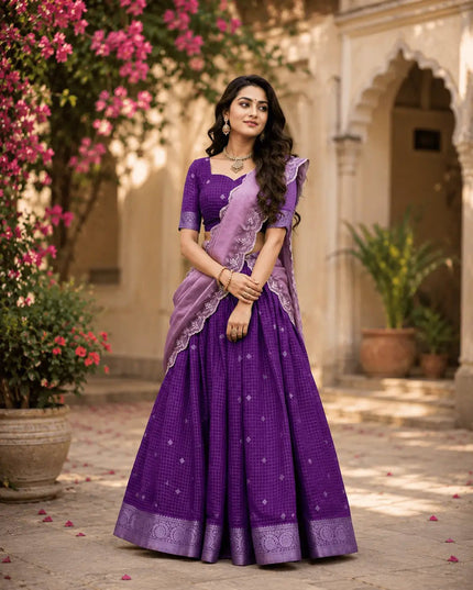 Chinon Checks Onam Lehenga Choli Set | Zari Weaving & Sequin Dupatta - Rosepetals Luxe
