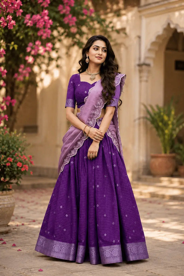 Chinon Checks Onam Lehenga Choli Set | Zari Weaving & Sequin Dupatta - Rosepetals Luxe