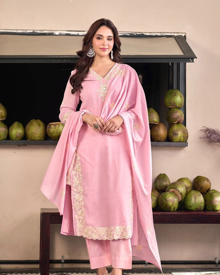 Chinon Embroidered Kurta Pant Set with Dupatta | Women's Festive Ethnic Suit | Sky Blue & Baby Pink - Rosepetals Luxe