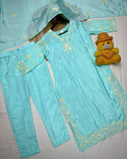 Chinon Embroidered Kurta Pant Set with Dupatta | Women's Festive Ethnic Suit | Sky Blue & Baby Pink - Rosepetals Luxe