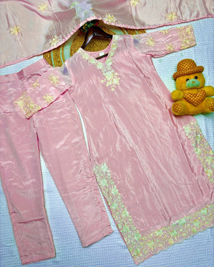 Chinon Embroidered Kurta Pant Set with Dupatta | Women's Festive Ethnic Suit | Sky Blue & Baby Pink - Rosepetals Luxe