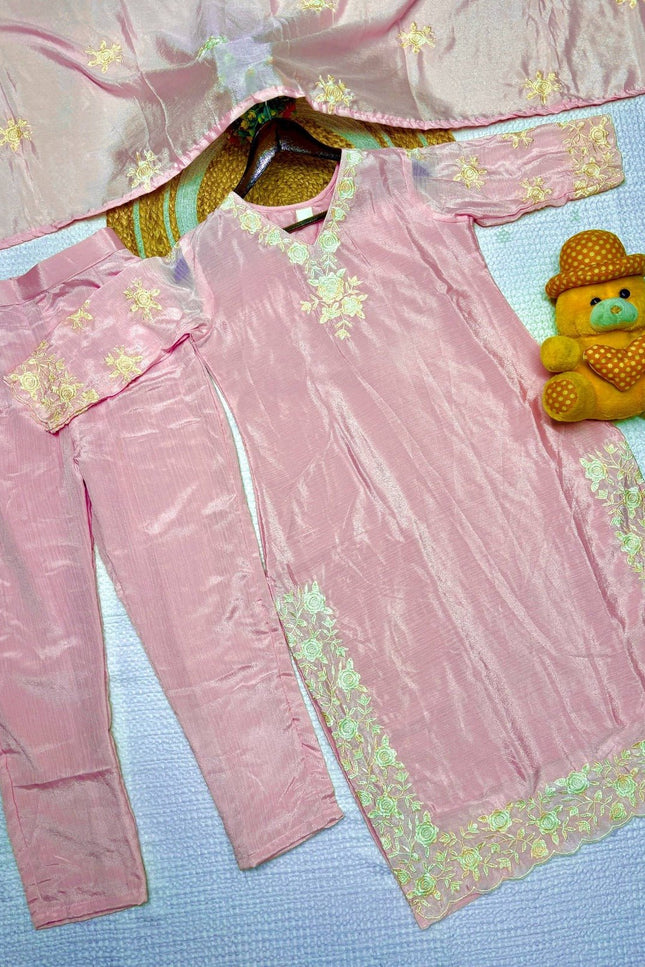 Chinon Embroidered Kurta Pant Set with Dupatta | Women's Festive Ethnic Suit | Sky Blue & Baby Pink - Rosepetals Luxe