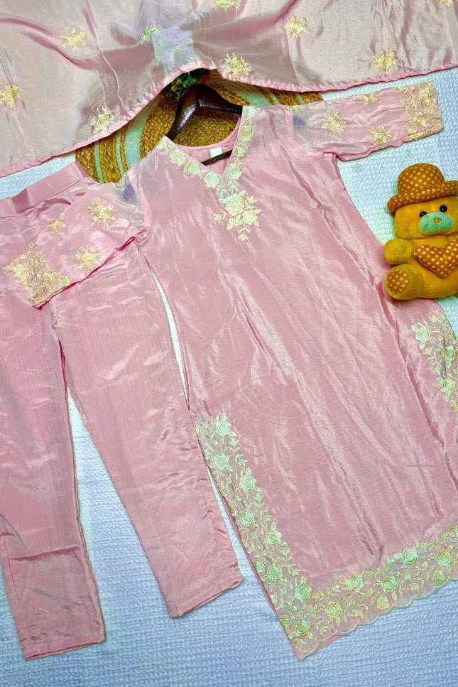 Chinon Embroidered Kurta Pant Set with Dupatta | Women's Festive Ethnic Suit | Sky Blue & Baby Pink - Rosepetals Luxe